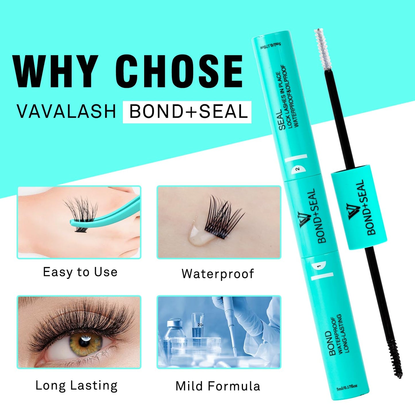 VAVALASH Lash Bond and Seal Waterproof Lash Glue 2 in 1 Long Lasting Lash Clusters Bond for Eyelash Extensions Strong Hold Waterproof Adhesive and Sealant DIY Lash Extension Glue
