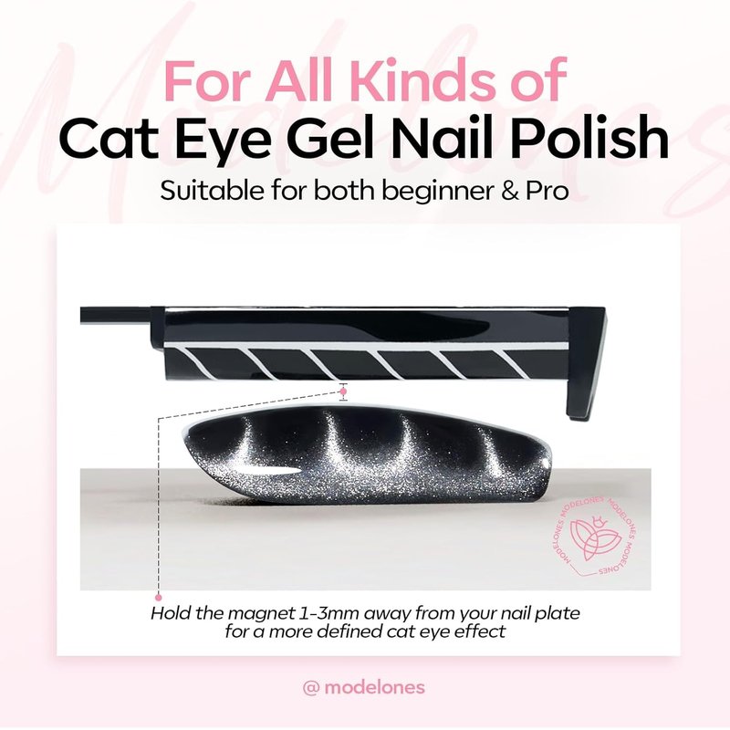 modelones 8-in-1 Cat Eye Gel Polish Magnet Tool, Magnetic Nail Art Wand for Gel Nails with Steel Ball, Glass Bead, French Tip, Clover, Heart & Swirl Effects for DIY Home Salon Manicure