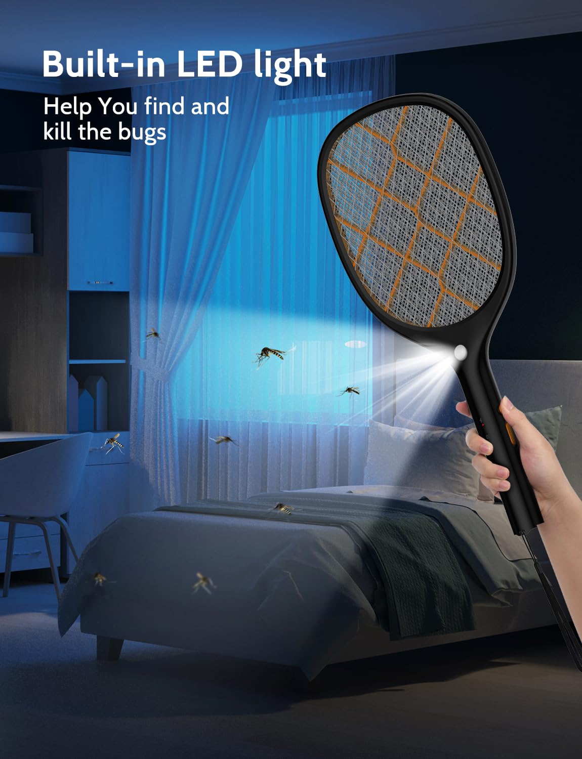 YISSVIC Electric Fly Swatter Bug Zapper Racket 4000V Rechargeable Mosquito Killer with LED Light for Indoor Home Office Backyard Patio Camping (1, Black Orange)