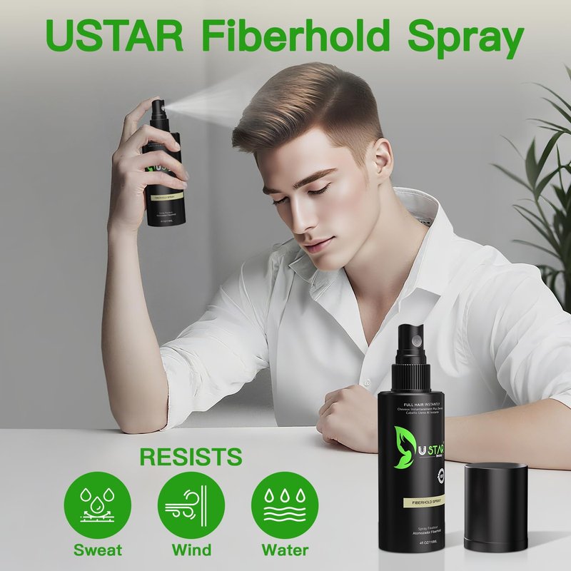 Hair Building Fibers 77.5g, USTAR 5 in 1 Hair Fibers for Thinning Hair with Holding Spray for Instantly Thicker, Fuller Look, Styling Hair Powder for Men & Women (Black)