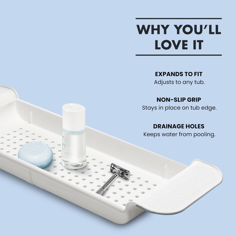 madesmart Expandable Bathtub Tray, Adjustable Bath Caddy & Over Tub Organizer Shelf for Bath Accessories, Soap, Razors, Towels, Toys & Toiletries, Non Slip Silicone Grip, Drainage Holes, Blue