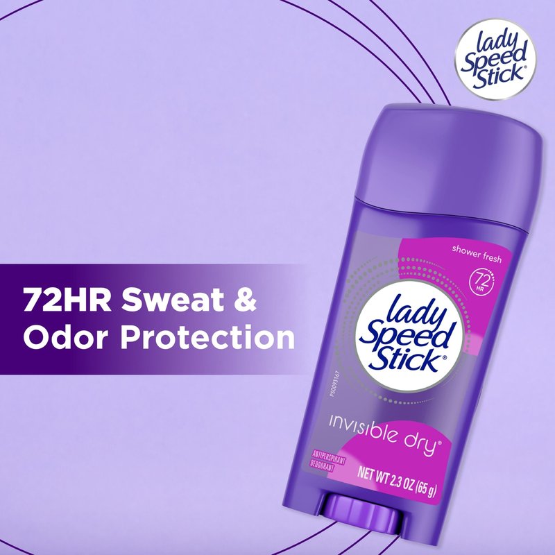 Lady Speed Stick Antiperspirant Deodorant for Women, 72 HR Sweat & Odor Protection, Invisible Dry, Shower Fresh Scent, 2.3 oz Stick (4 Pack)