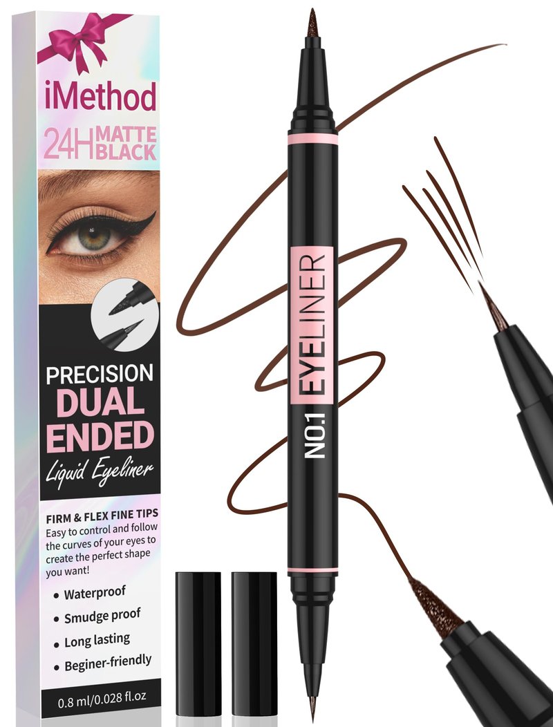 iMethod Liquid Eyeliner - Waterproof Eyeliner 2-in-1 Dual-Ended Eye Liner with Precise Brush-Tip and Thick Tip, Black Liquid Liner Pen, Matte Finish, Long Lasting, Smudge-proof, Transfer-proof, Brown
