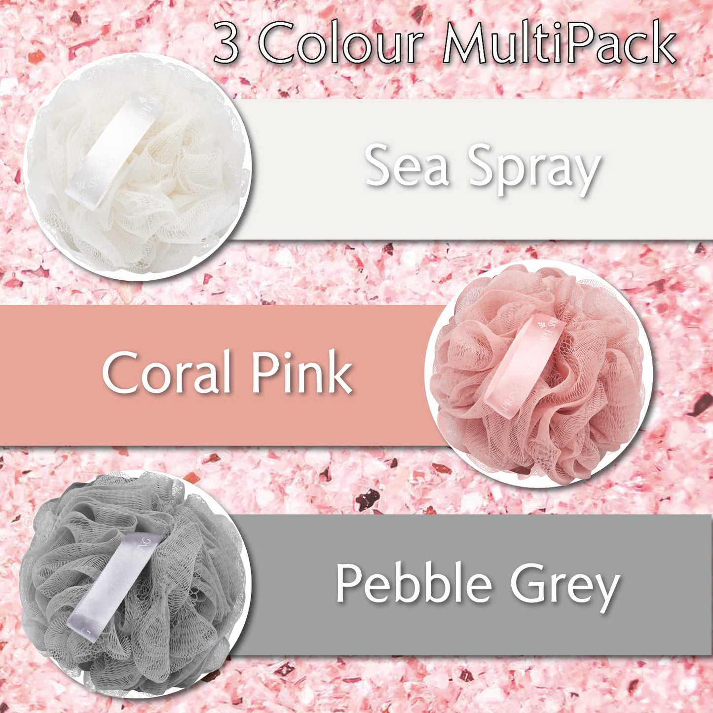 Temple Spring Soft Mesh Shower Loofah Sponge 3-Pack (60g Each) — Gentle Exfoliating Body Scrubber for Rich Lather & Smooth Skin, Bath Sponge for Women & Men, 100% Recycled Materials with Suction Hook