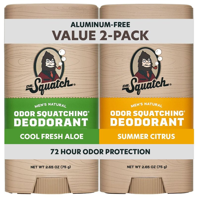 Dr. Squatch Natural Men’s Deodorant – Aluminum Free Natural Deodorant Men with Charcoal & Postbiotics for 72-Hour Odor Protection – Summer Citrus + Cool Fresh Aloe, 2.65oz Stick (2-Pack)