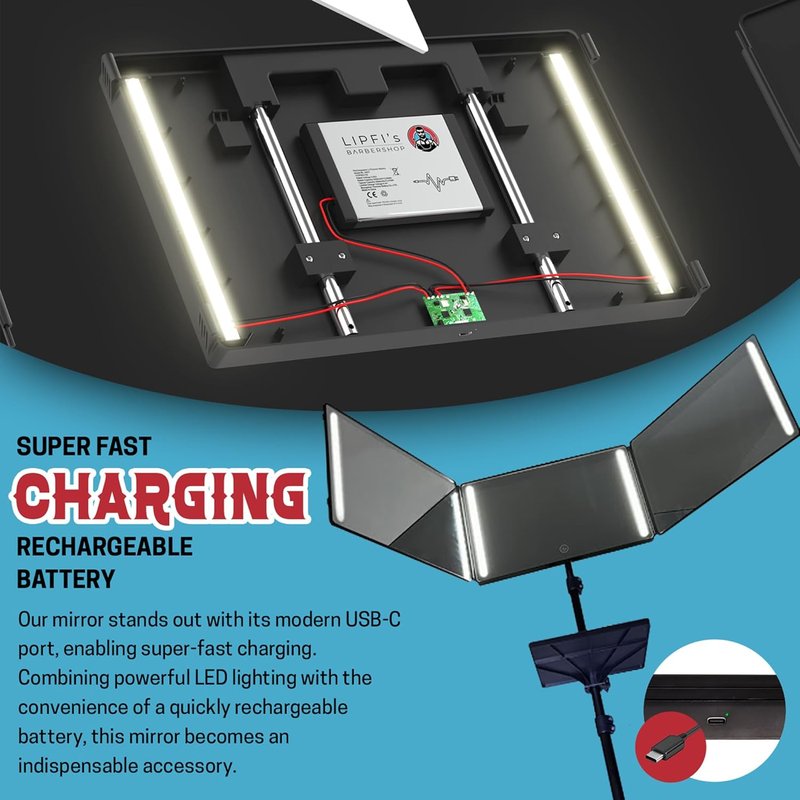 **Lipfis Barbershop 360° Mirror - Tripod Self Hair Cutting Tool with LED Lights & USB-C Charging**