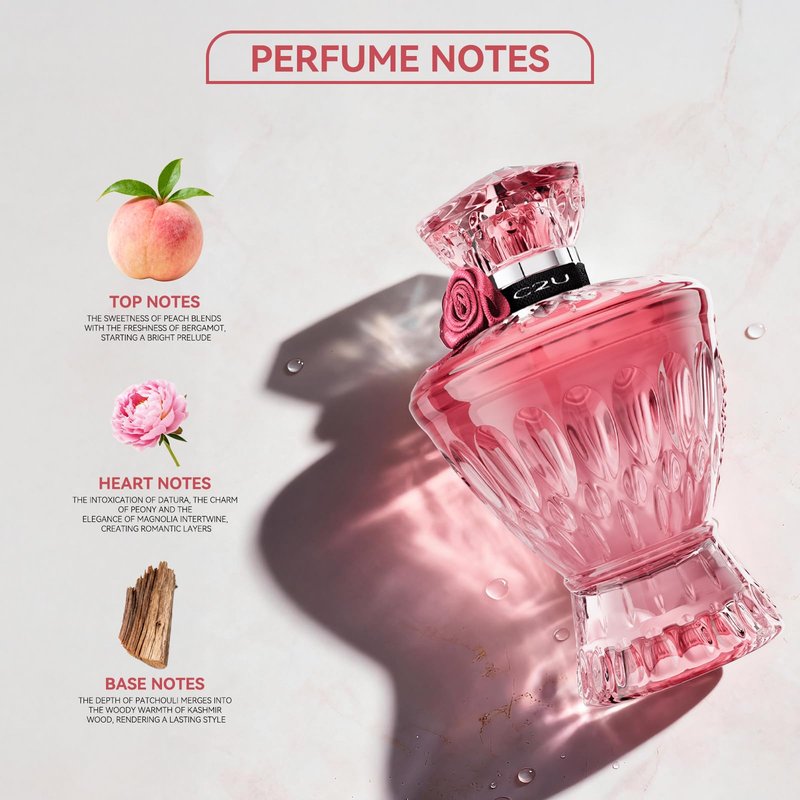 Pink Crystal Gem Eau de Parfum 75ml 2.54 fl.oz - Peach & Floral Scent, Long Lasting Perfumes for Women, Elegant Glass Bottle