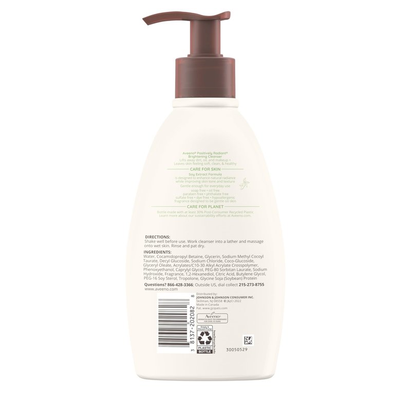 Aveeno Positively Radiant Brightening Facial Cleanser with Moisture Rich Soy Extract, Helps Even Skin Tone & Texture While Gently Lifting Away Dirt, Oil & Makeup, Sulfate-Free, 11 fl. oz