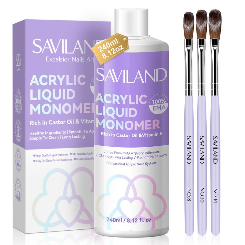 SAVILAND EMA Monomer Acrylic Nail Liquid: 8.12fl.oz Non-Yellowing Acrylic Liquid Monomer with Size 8,10,14 Nail Brushes for Acrylic Powder Application Beginner Nail Kit Home Nail Salon DIY