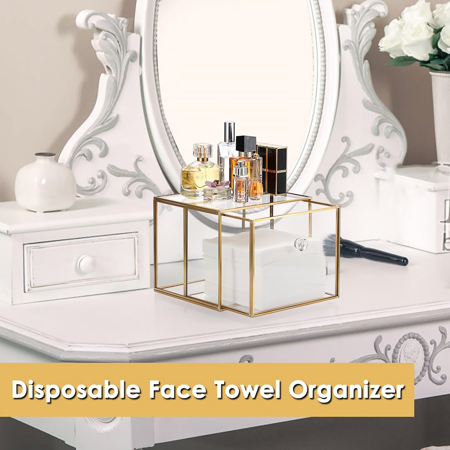 Sumnacon Disposable Face Towel Holder Glass Face Towels Storage Box with Drawer Compatible with Clean Skin Cluub Clean XL Cosmetic Box Facial Towels Organizer for Bathroom, Vanity, Countertop