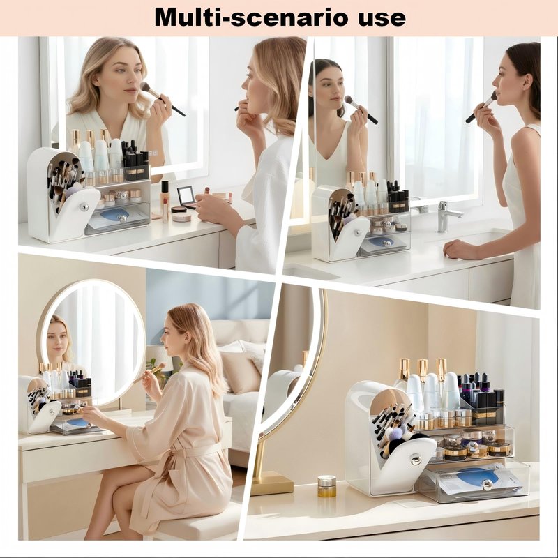 RONGZHIERK Makeup Organizer for Vanity with Covered Brush Holder，Bathroom Organizers with Drawer，Skin Care Organizer，Makeup Organizers for Vanity with Drawer，Large Makeup Storage for Dresser, White