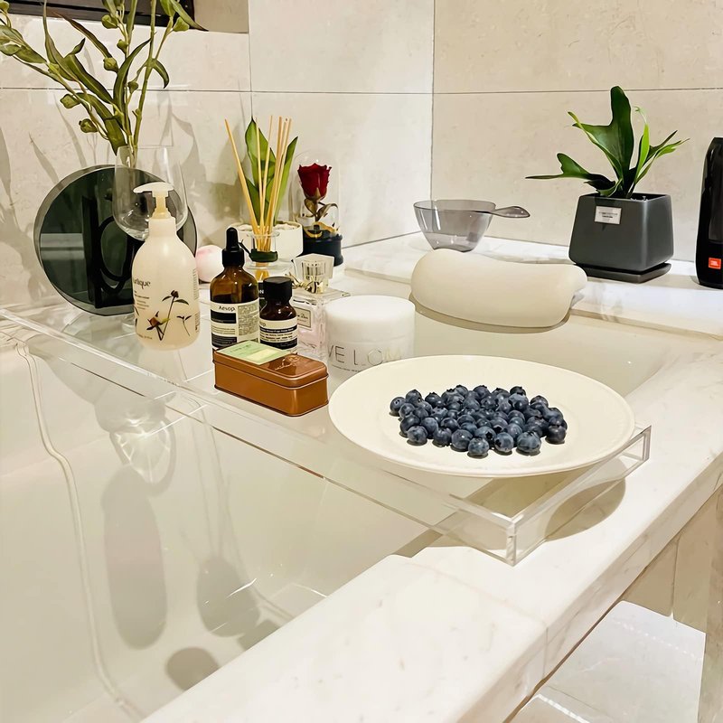 CXNGD Bathtub Tray Table, Clear Acrylic, Anti-Slip Bath Caddy, 32.3 * 7.87 * 1.18in