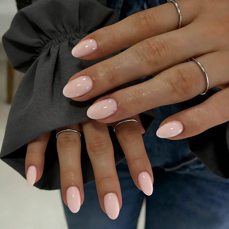 KQueenest Press On Nails - Pale Pink Oval Extra Short | 32 Pcs, 16 Sizes, Reusable Glossy Design