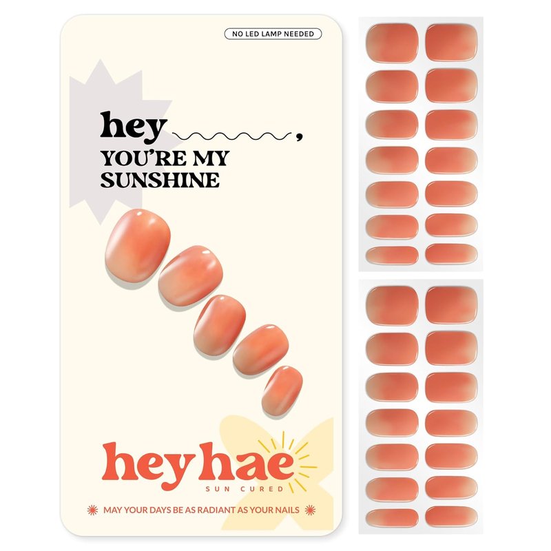 Heyhae Semi Cured Gel Nail Strips - Ombre Orange Spring Design | No LED Lamp Needed | Salon Quality | 28 Strips, Prep Pads & Nail File Included