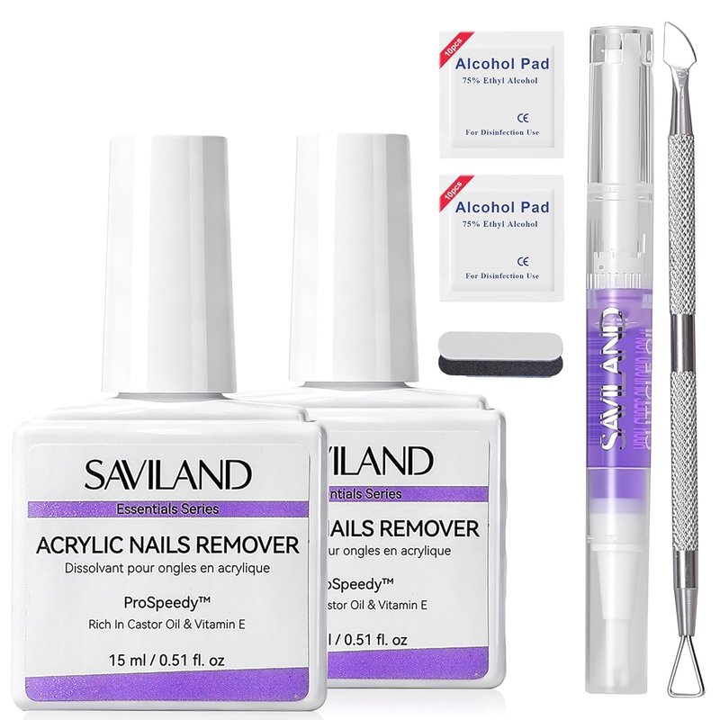 SAVILAND Acrylic Nail Remover Kit - 30 ml Gentle Acrylic Dissolver with Cuticle Oil & Care Tools