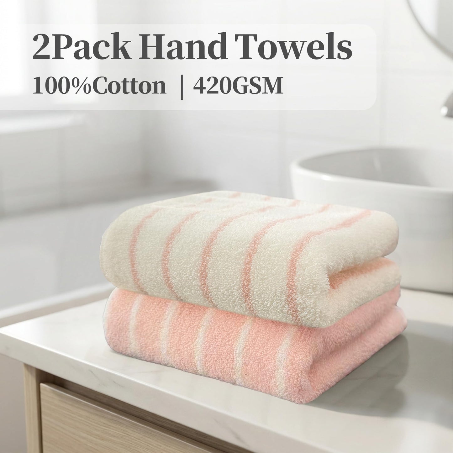 VOOVA & MOVAS Pink Stripe Natural Cotton Hand Towels Set of 2, 13"x29" – Medium Weight 420GSM with Hanging Loop, Bathroom & Kitchen Use, Absorbent | PinkGround Design for Modern Home