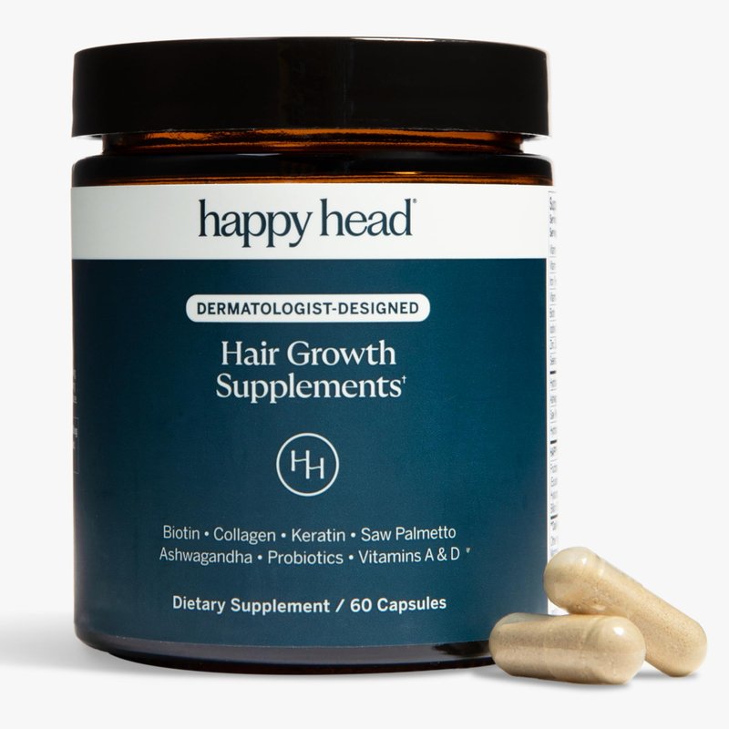 Happy Head Hair Supplement Capsules for Men & Women with Biotin, Collagen, Keratin, Ashwagandha, Vitamins D, Vitamin A, & Saw Palmetto, Daily Hair Care Support Formula, 1 Month Supply, 60 Capsules