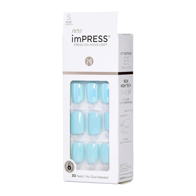 Kiss Impress No Glue Press-On Nails - 'Rain Check' Blue Squoval Design | Short Size, 30 Nails & Accessories