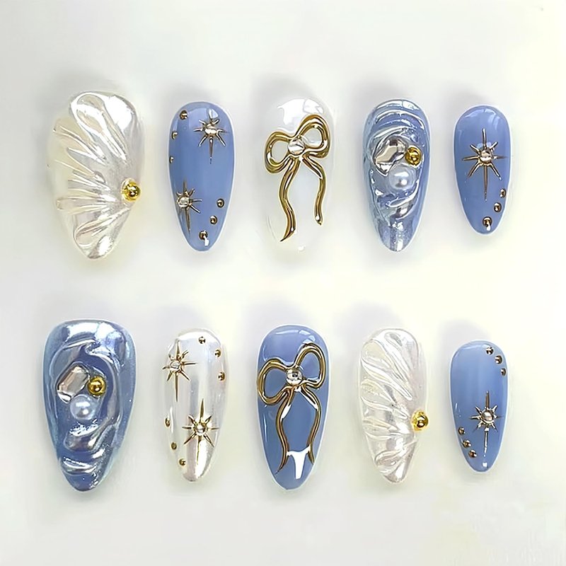Skiennix 24Pcs Press-On Nails - Medium Almond French Tip with Bow & Star Design | Blue Acrylic Full Cover
