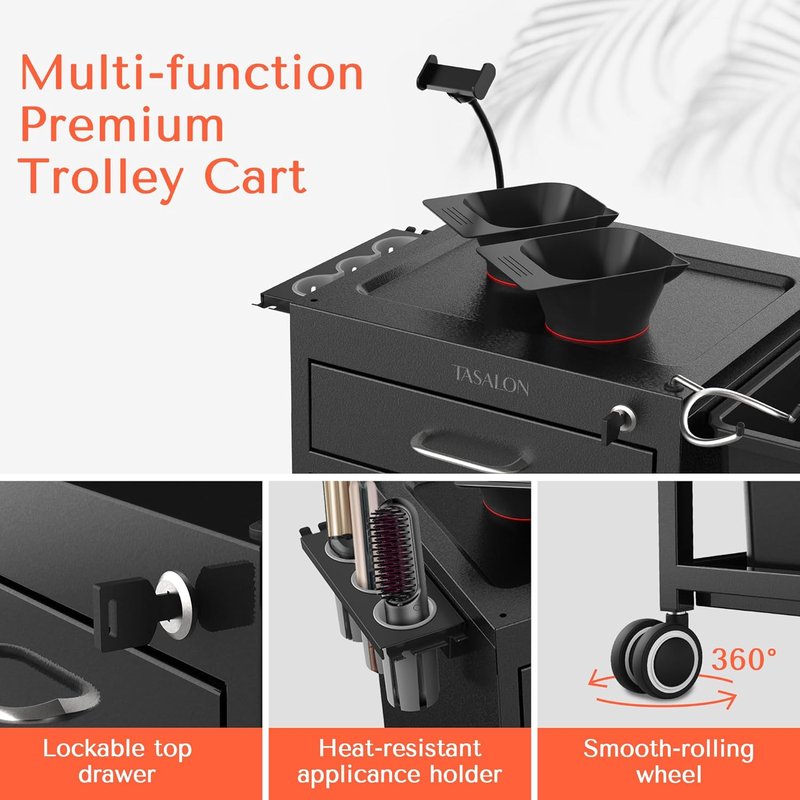 Metal Lockable Salon Cart with Wheels - Rolling Barber Trolley with Drawers & Magnetic Bowls | Mobile Storage for Hair Stylists & Salons