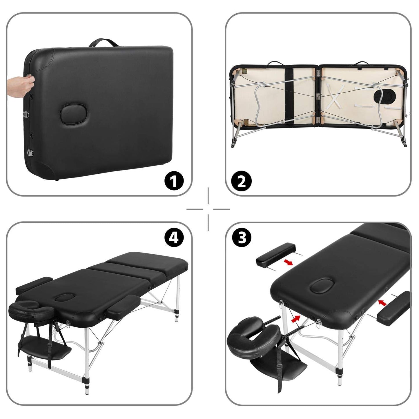 Yaheetech Massage Tables Portable Tattoo Table Adjustable Lash Bed Aluminium 3 Folding Spa Bed with Non-Woven Bag 28 inch Wide Black