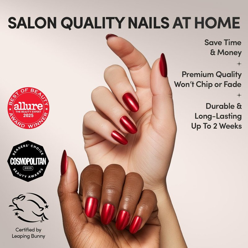 Glamnetic Press On Nails - Cherry Glaze | Short Round Bright Cherry Red Fake Nails with a Glaze Finish | 15 Sizes - 30 Nail Kit with Glue