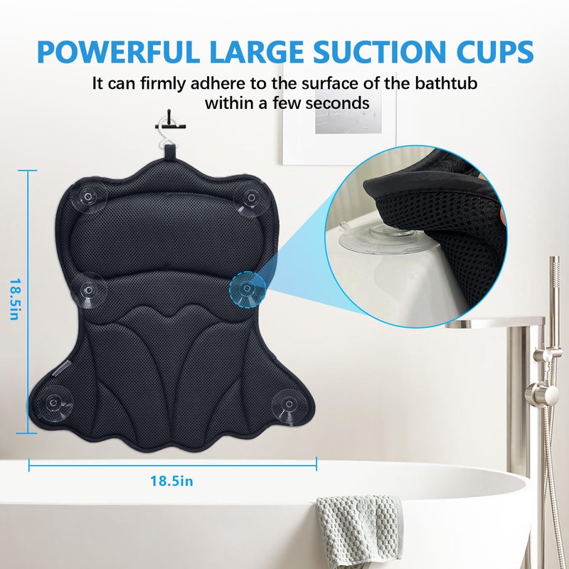 REEZEIVI Bath Pillows for Tub,Bath Pillow with 6 Non-Slip Suction Cups,Soft 4D Mesh Fabric,Bathtub Pillows for Tub Neck and Back Support,Extra Thick Luxury Bathtub Pillows,Black