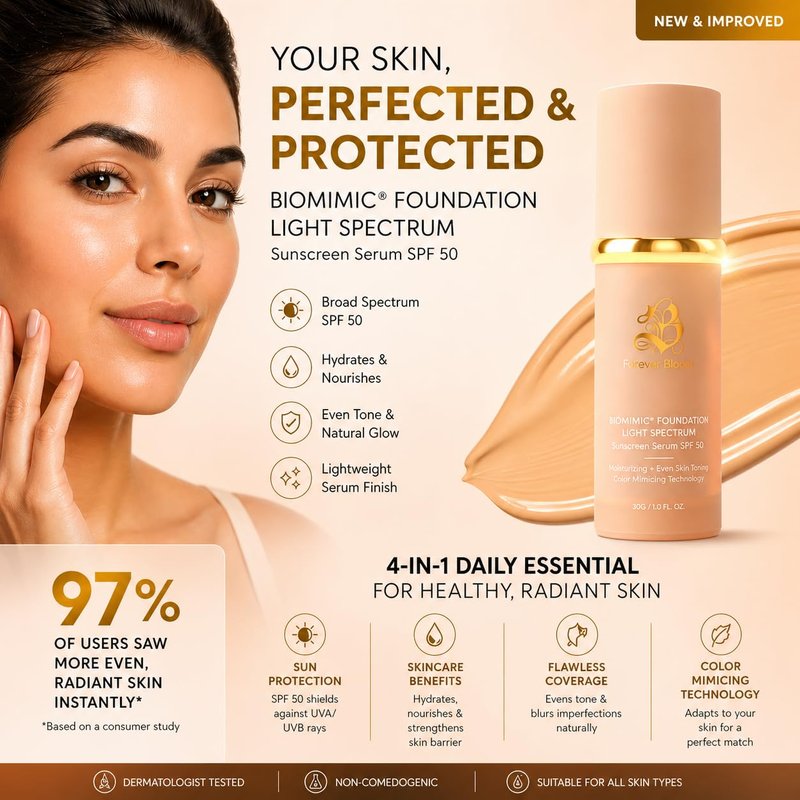 Bio Mimic Foundation by Forever Bloom; Protecting from Sun with SPF50; for Gym, Sports, Dancing