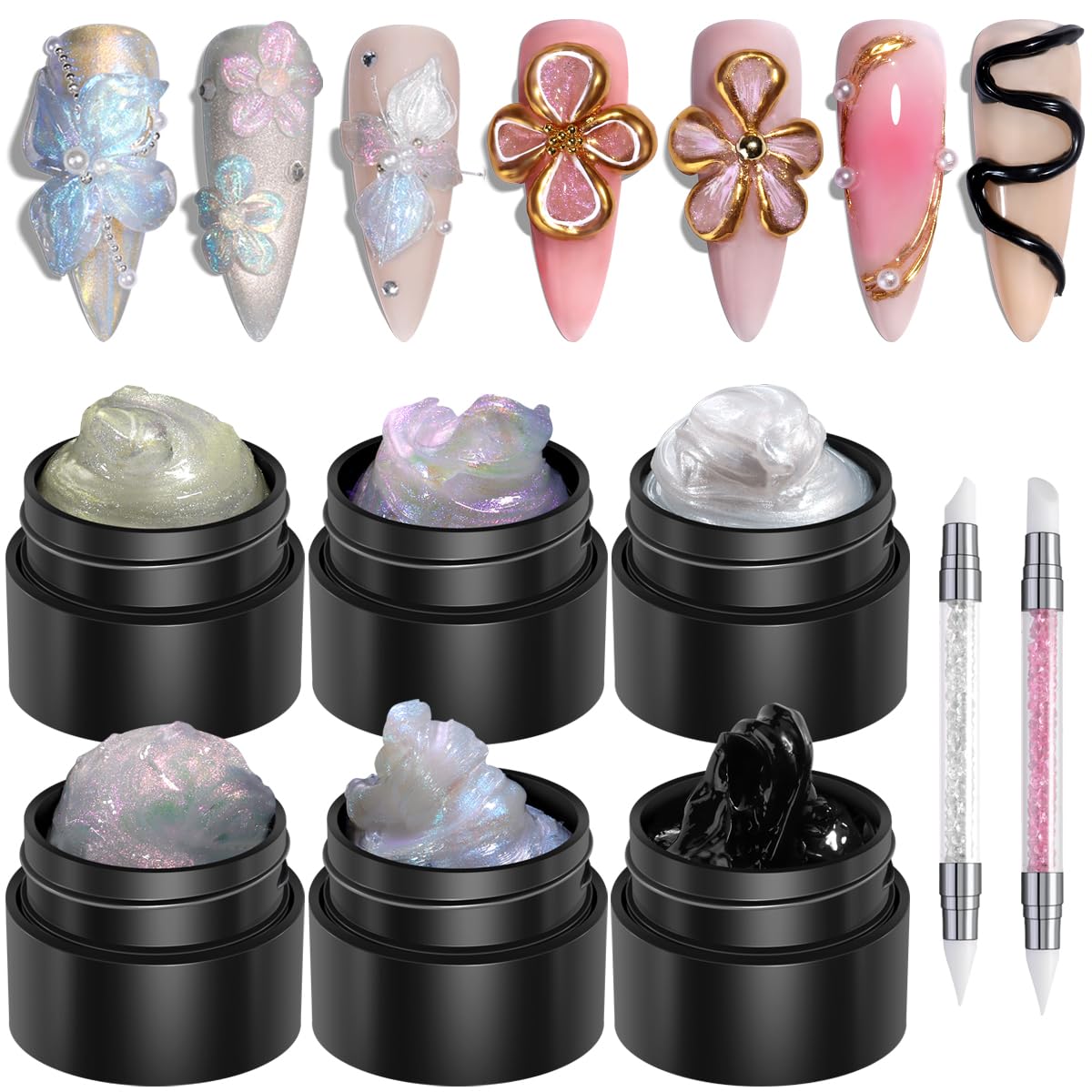Solid Builder Gel Kit - 6 Non-Sticky Colors for 3D Nail Art | Aurora Blue, Pink, Pearl, White