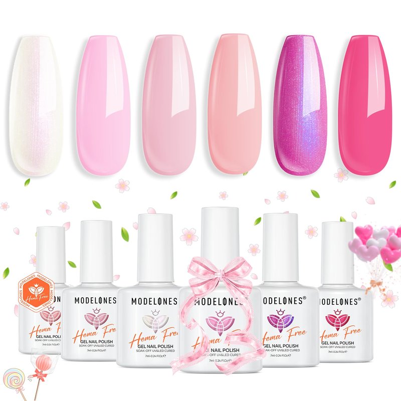 modelones Pink Gel Nail Polish Set,Hema-Free Light Pink White Hot Pink Gel Polish Kit Magenta Purple Shimmer LED 6 Colors 2026 Summer Nail Art Gift Salon DIY Starter Kit