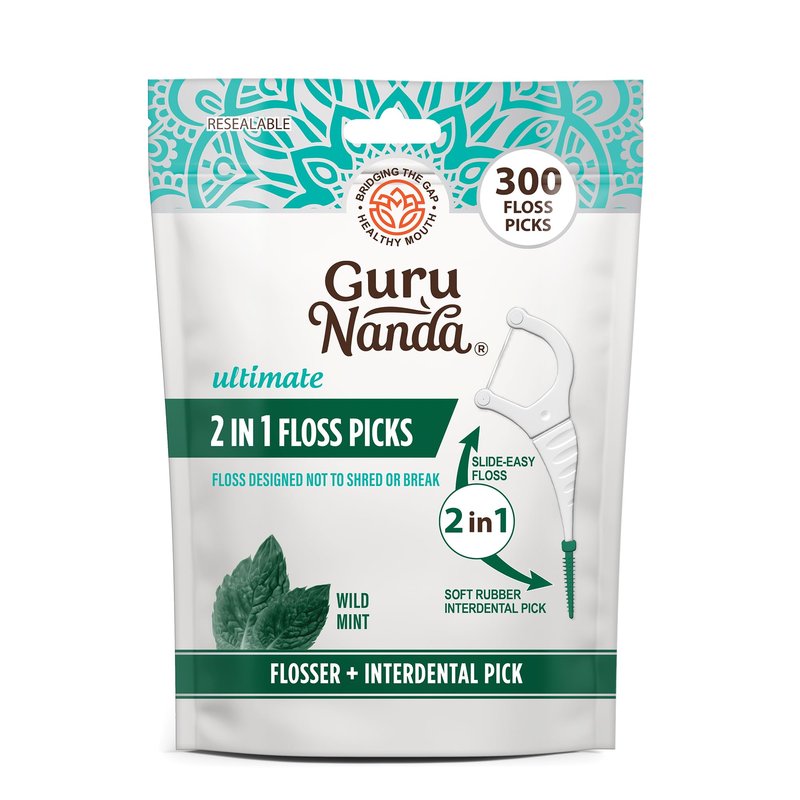 GuruNanda 2 in 1 Dental Floss Picks for Oral Care, PFAS Free – Non-Slip Grip, Slide Easy, No Break or Shred Flosser with Interdental Pick for Healthy Teeth & Gums – Mint Flavor, 300 Count (1 Pack)