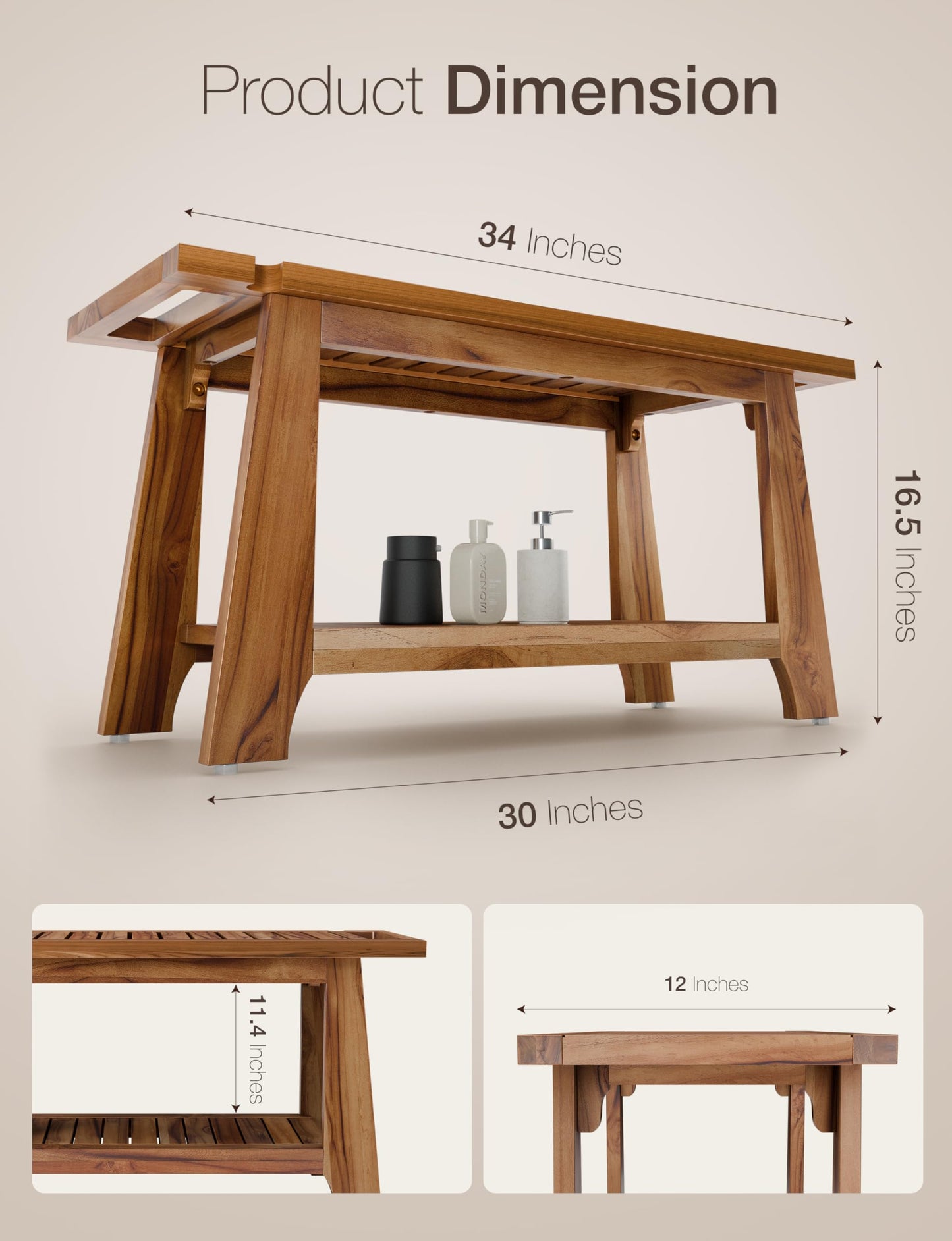 Tinamo 34”L Teak Shower Bench for Inside Showers- 400 Lbs Capacity-Teak Shower Stool, Wooden Bathroom Bench, Shower Chair for Inside Shower with Handles, Teak Benches, Wooden Bench with Shower Holder
