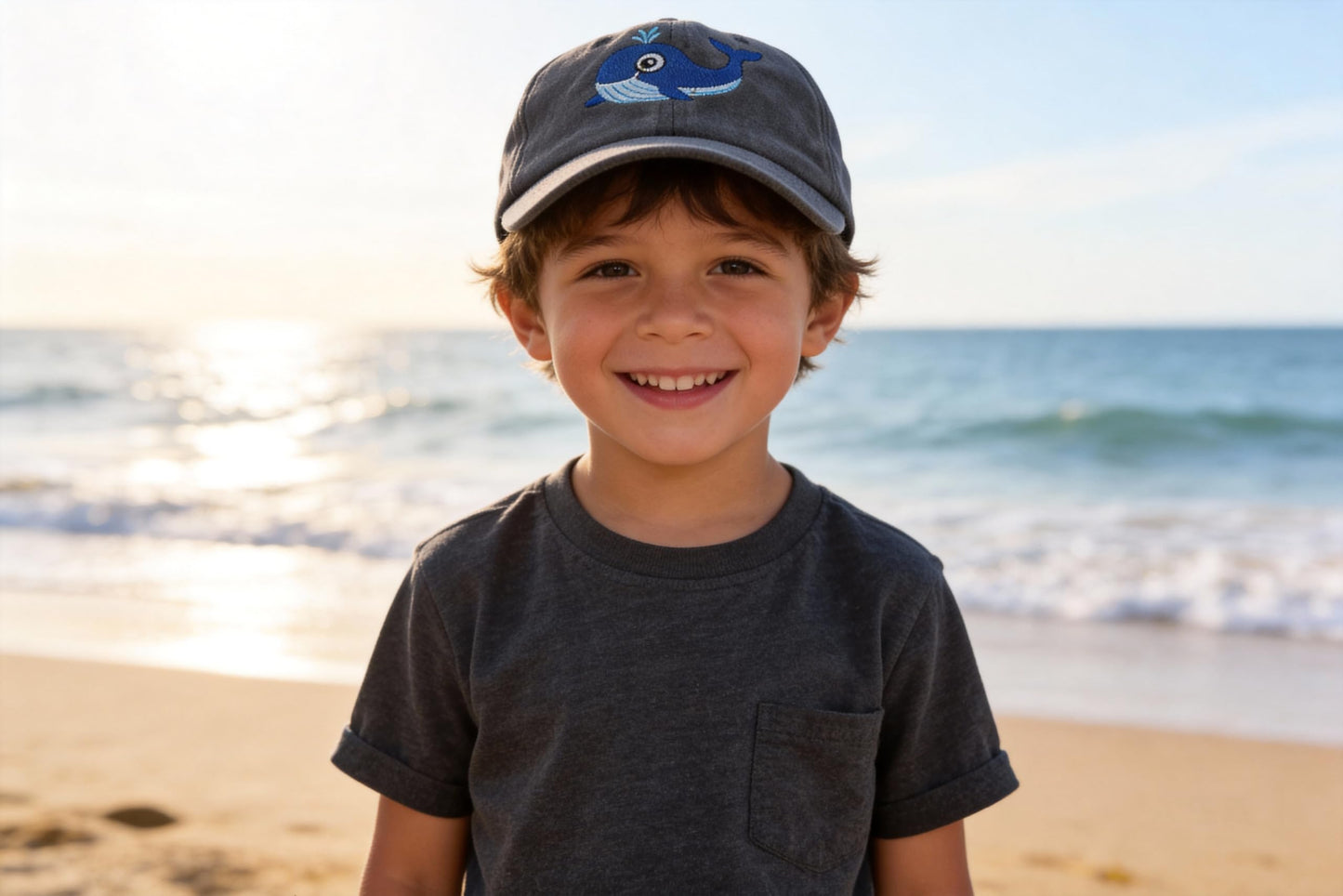 Horpe Whale Fish Baseball Cap for Kid, Ocean Animal Themed Gift for Child, Sea Creature Hat for Boys and Girls, Adjustable Embroidered Washed Black Hat