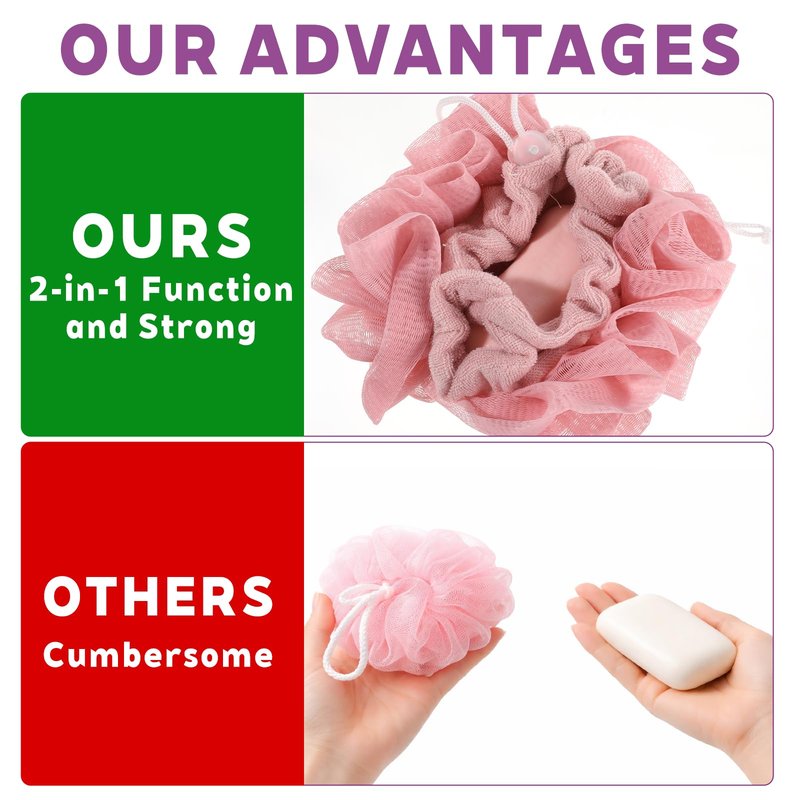 HJZHII 3Pcs Loofah Washcloth Combo 2 in 1, Bar Soap Loofah Pouch Can Hold Soap Exfoliating and Reusable Shower Sponge for Bathing