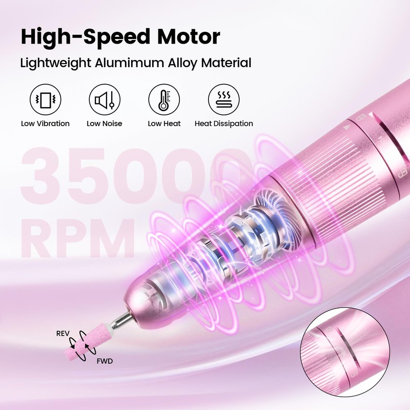 Lavinda Electric Nail Drill Machine, 35000RPM Professional Nail File Cordless Rechargeable Nail Efile for Acrylic Gel Nails (Pink 910)