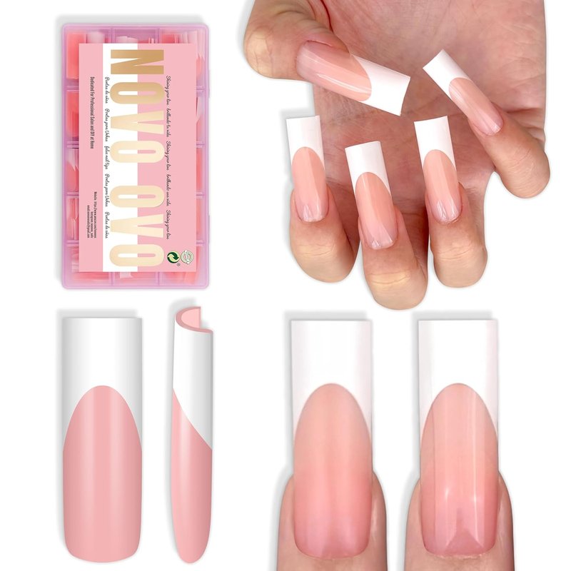 NOVO OVO Press-On Baby Pink French Tip Nail Tips | Extra Thick Soft Gel Full Cover | 180 Pieces in 15 Sizes