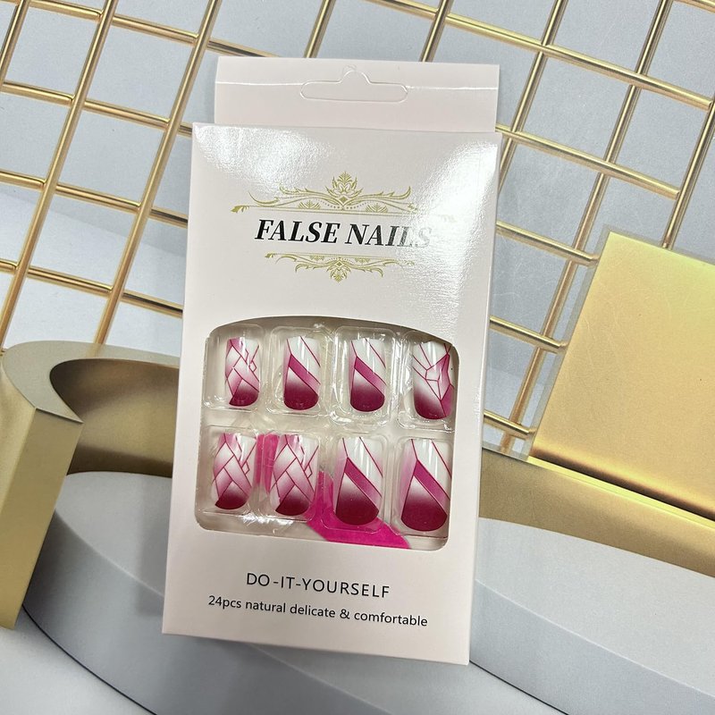 Press on Nails Medium Length Wine Red Square False Nails Lines Grids Design Charm Fake Nails Artificial Acrylic Nails Full Cover Glossy Reusable Coffin Nails Glue on Nails for Women Supplies 24Pcs