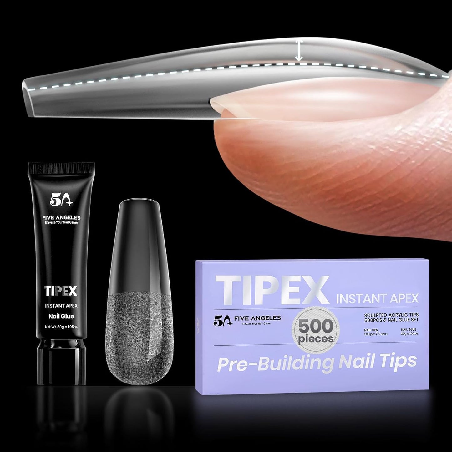 Tipex Instant Apex Gel Nail Tips Kit – 500pcs Pre-Etched Sculpted Long Coffin Acrylic Nail Tips, Thicker Full Cover Press-On Nails for Flat Nails, 30g/1.06oz UV Nail Glue Included