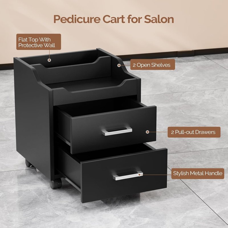 OmySalon Pedicure Cart - Portable Foot Bath Trolley with 2 Storage Drawers | Black Beauty Spa Supplies