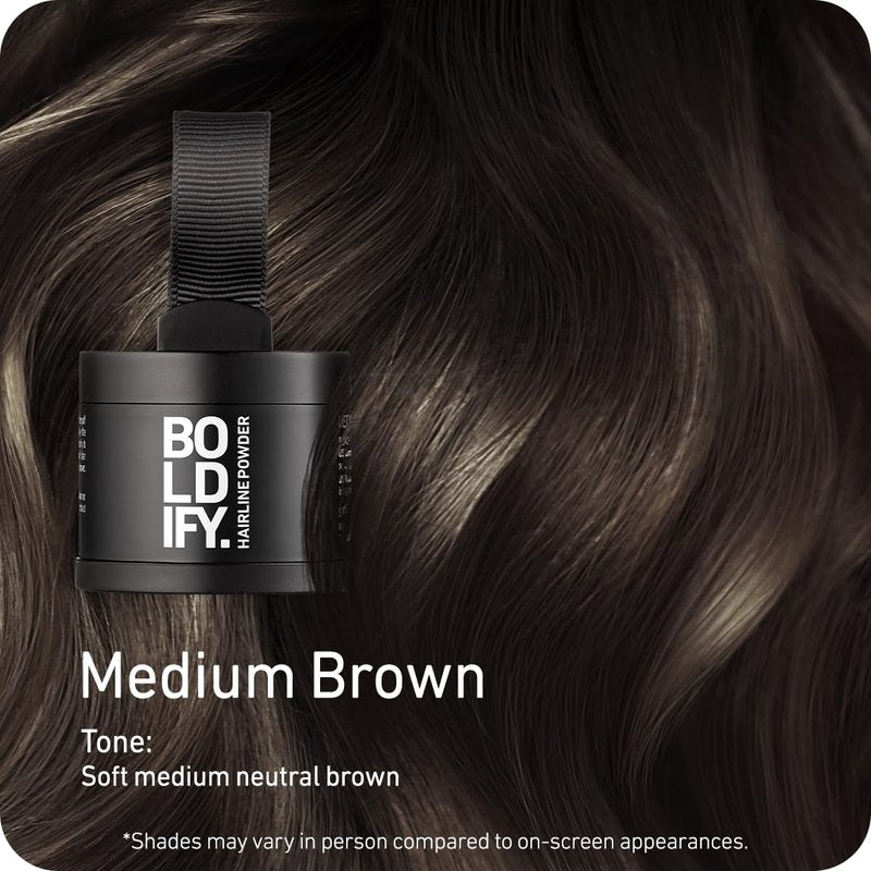 BOLDIFY Hairline Powder - Water-Resistant Root Touch Up Hair Color for Gray Coverage - 24-Hour Stain-Proof, Mess-Free Hair Powder for Thinning Hair - Medium Brown