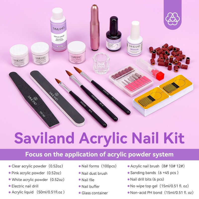 SAVILAND Acrylic Nail Kit with Drill: 15g White Pink Clear Acrylic Powder and Liquid, 100 Forms, Brushes, Primer, Top Gel & Tools – Extension Nail Kit for Beginners with Everything Home Use