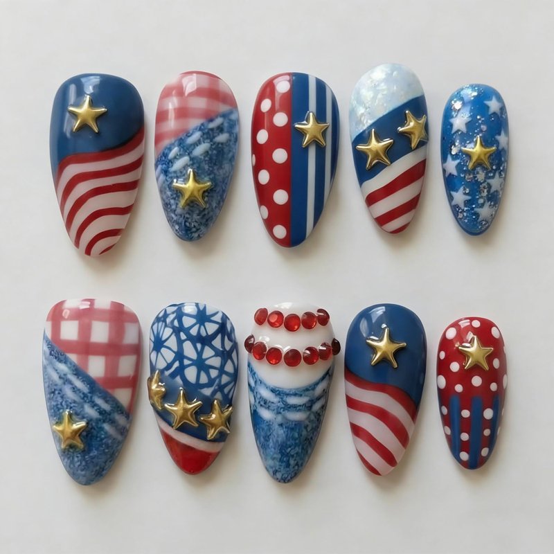 30Pcs 4th of July Press on Nails Medium Almond Fake Nails with Gold Star Red Rhinestones Designs American Flag Acrylic Nails Independence Day Patriotic False Nail July 4 Star Glue on Nails for Women
