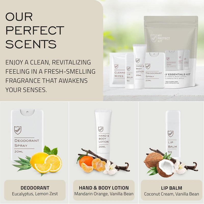MY PROTECT KIT Everyday Essentials Travel Kit – TSA Compliant Hygiene & Toiletry Set with Deodorant Spray, Lotion, Lip Balm & Cleansing Wipes, Self Care Kit for Purse, Gym, Hotels & Airbnb