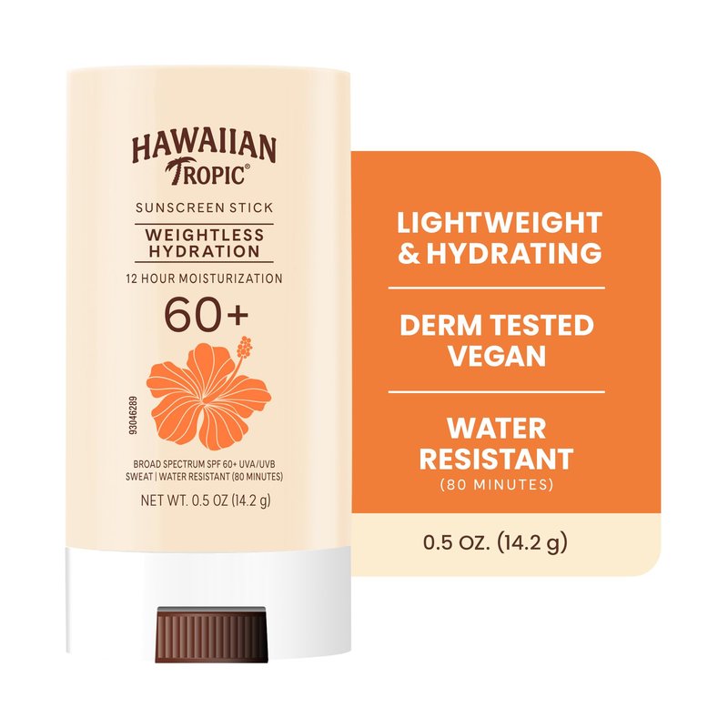 Hawaiian Tropic Weightless Hydration Sunscreen Stick SPF 60+ | Travel Size Sunscreen for Face and Body, Mini Sunblock Stick, Beach Essentials, Oil Free, Non Comedogenic Dermatologist Tested, 0.5oz