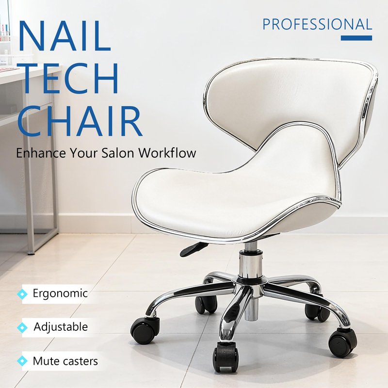 Lessmore White Swivel & Adjustable Pedicure Stool - Ergonomic Nail tech Chair for Salon Professionals, Comfortable Pedicure Chair with Smooth Rotation (1,Creamy White)