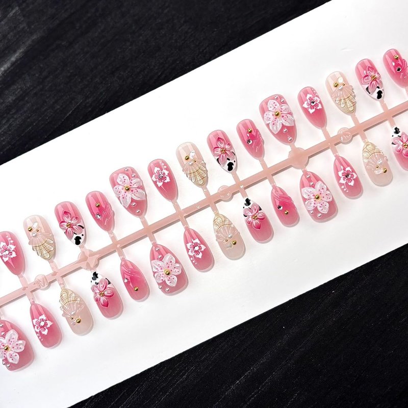 French Tip Press On Nails Pink Cherry Blossom - 3D Floral Almond Fake Nails with Cow Print, Pearl & Rhinestone, Reusable Glitter False Nails for Women Wedding Party Daily (30PCS)