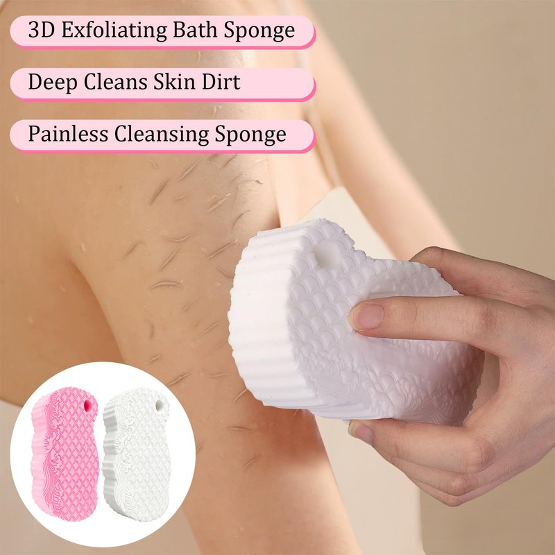 2Pcs Magic Exfoliating Bath Sponge, 3D Ultra-Soft Body Exfoliating Sponges, Deep Cleansing Dead Skin, Lanyard Bath Sponge for All Skin Types,Suitable for Both Men and Women (Pink+White)