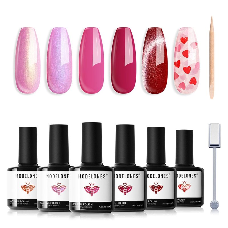 modelones Gel Nail Polish Set, 6 Colors 2026 Eater Spring Pitaya Hot Pink Red Cat Eye Gel Polish Mermaid Pink Red Love-heart Glitter Nail Polish with Magnet & Wooden Pen Soak Off LED Manicure Gift