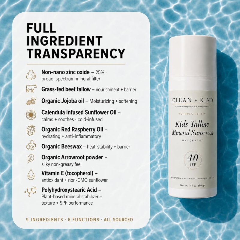 Clean + Kind Kids Sunscreen Mineral SPF 40 — Non Toxic Baby & Toddler Sunblock with Non-Nano Zinc Oxide, Grass-Fed Tallow, Natural Reef-Safe Sun Lotion, No White Cast for Sensitive Skin (3.4 oz)