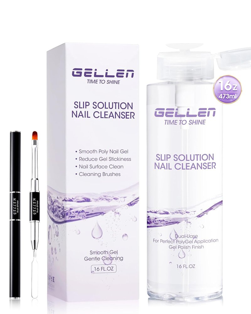 Gellen Slip Solution for Polygel Nails - 473ml Anti-Stick Liquid with Pump Bottle | Nail Brush Included